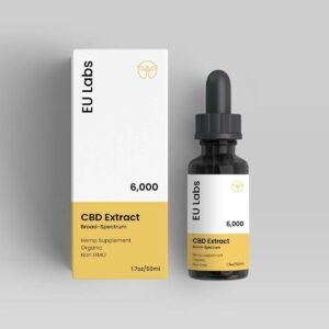 6000mg Broad-Spectrum CBD Oil in a 50ml bottle with yellow and white printed labels and outer packaging box.