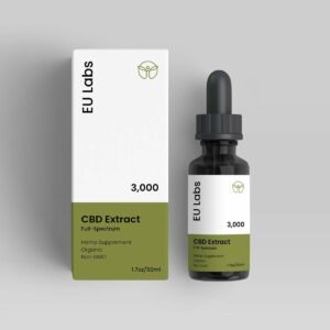 50ml bottle of 3000mg Full Spectrum CBD Oil with green and white printed labels and outer packaging box.